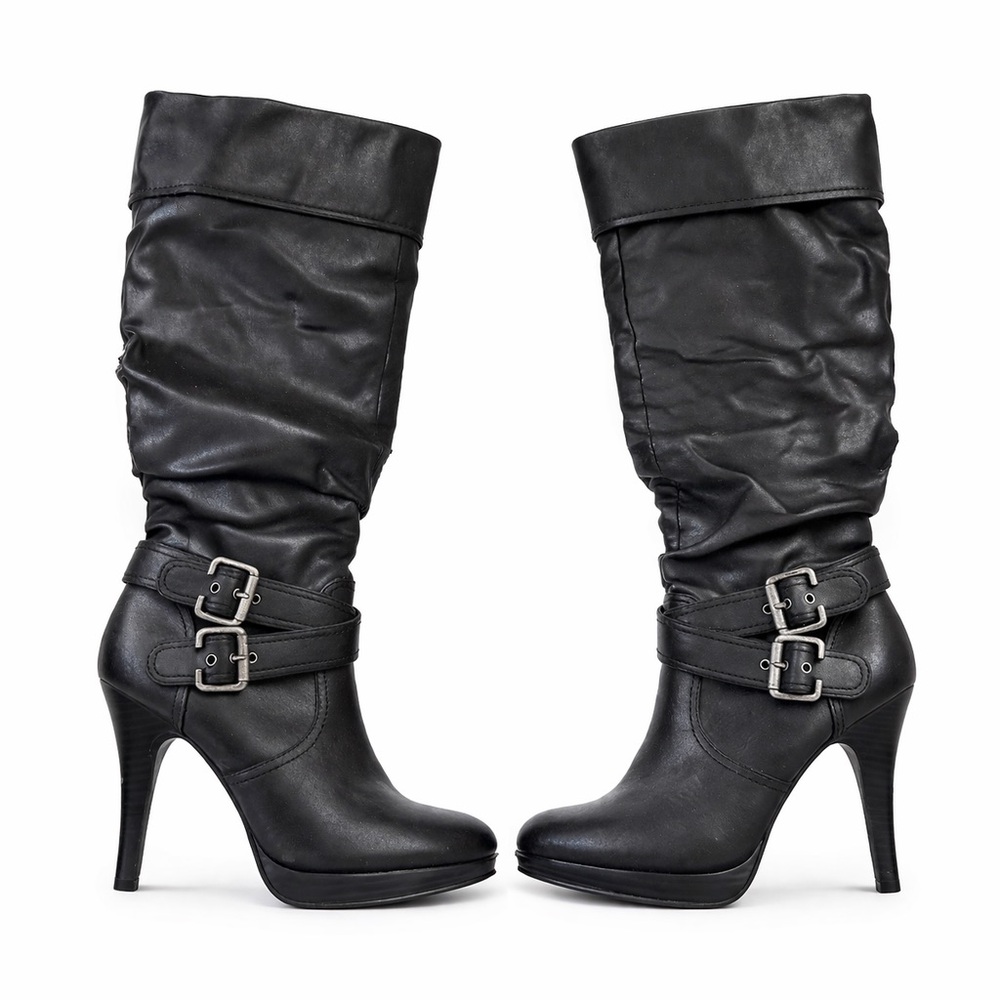 Excess Black Slouch Buckle Platform Knee High Boots 6